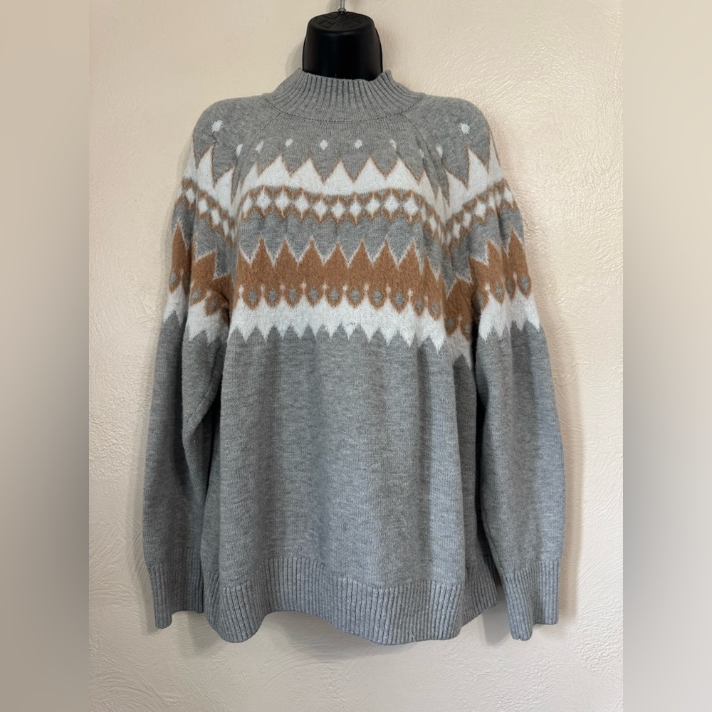 Lane Bryant Gray Turtleneck Sweater with White & Brown Fair Isle 0542